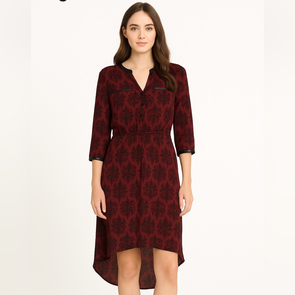 Daniel Rainn Baroque Print High-Low Dress |3/4 Sleeve Pleated Waist Boho Chic